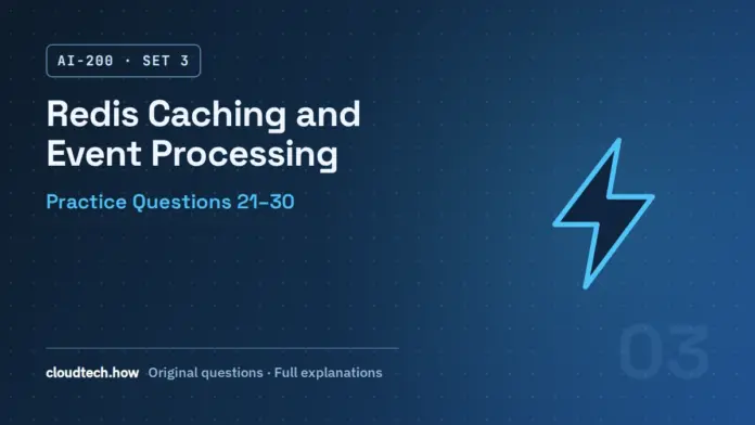 AI-200 Questions 21-30: Redis Caching and Event Processing AI-200 caching and events questions, Set 3: Redis Caching and Event Processing, practice questions 21-30